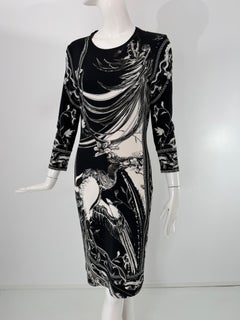 Roberto Cavalli Black & White Jersey Ornithological Print Sheath Dress 42