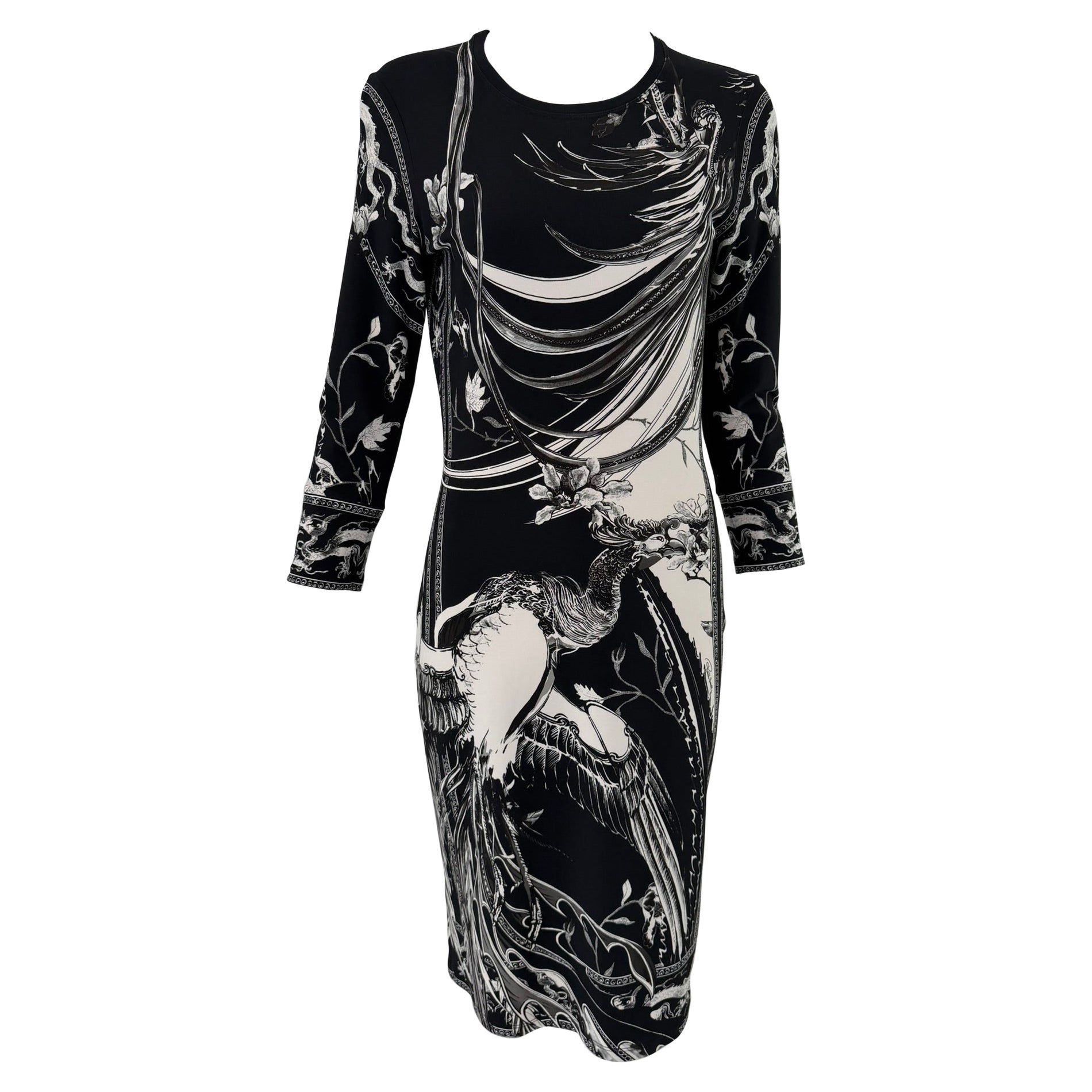 Roberto Cavalli Black & White Jersey Ornithological Print Sheath Dress 42 For Sale