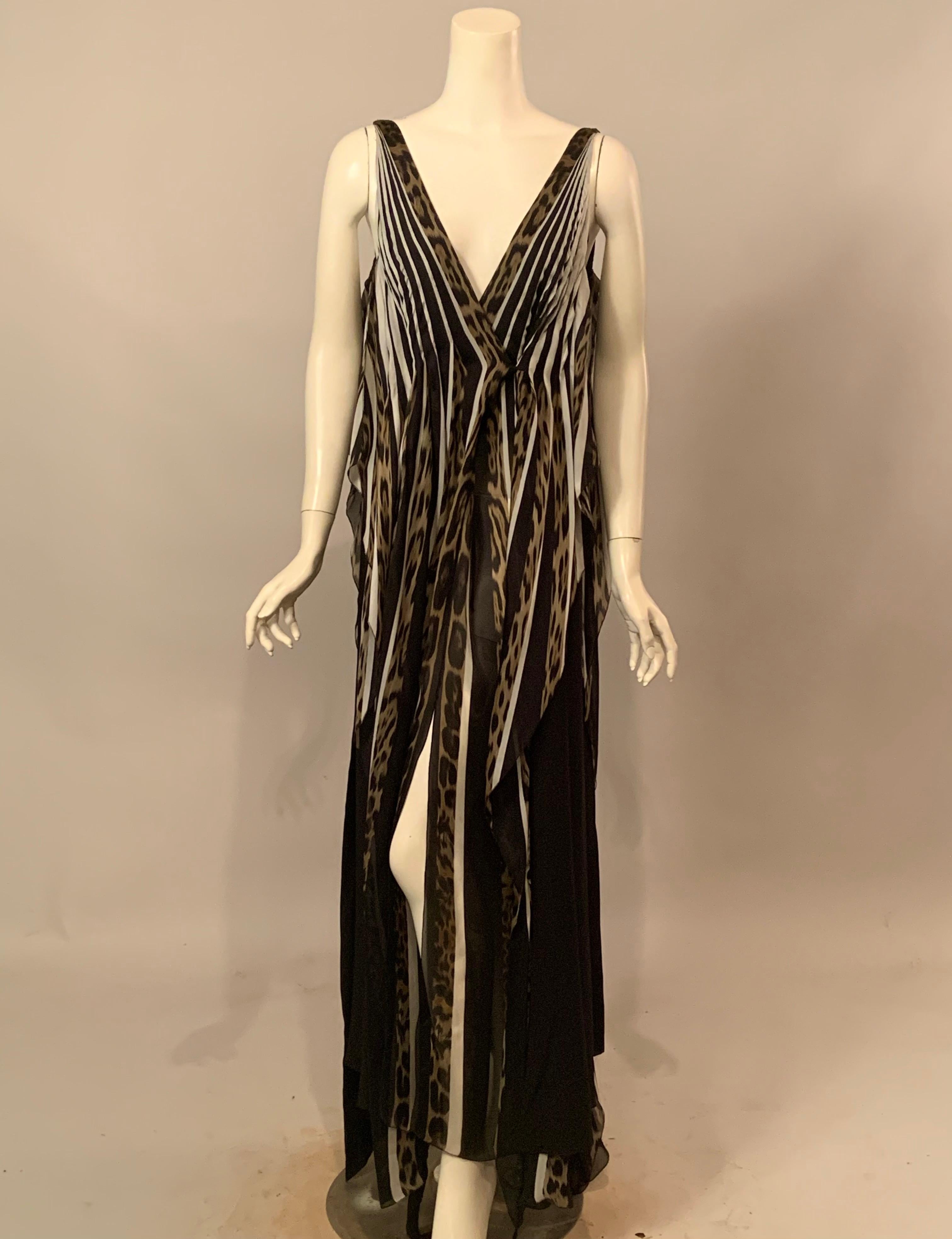 Roberto Cavalli Black, White Striped Print Silk Chiffon Dress or Caftan In New Condition In New Hope, PA