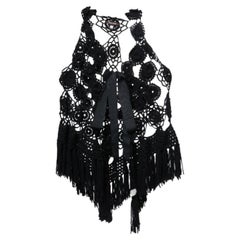 Roberto Cavalli Black Wool Crochet Tie Front Sleeveless Vest One Size (gilet sans manches en laine crochetée)