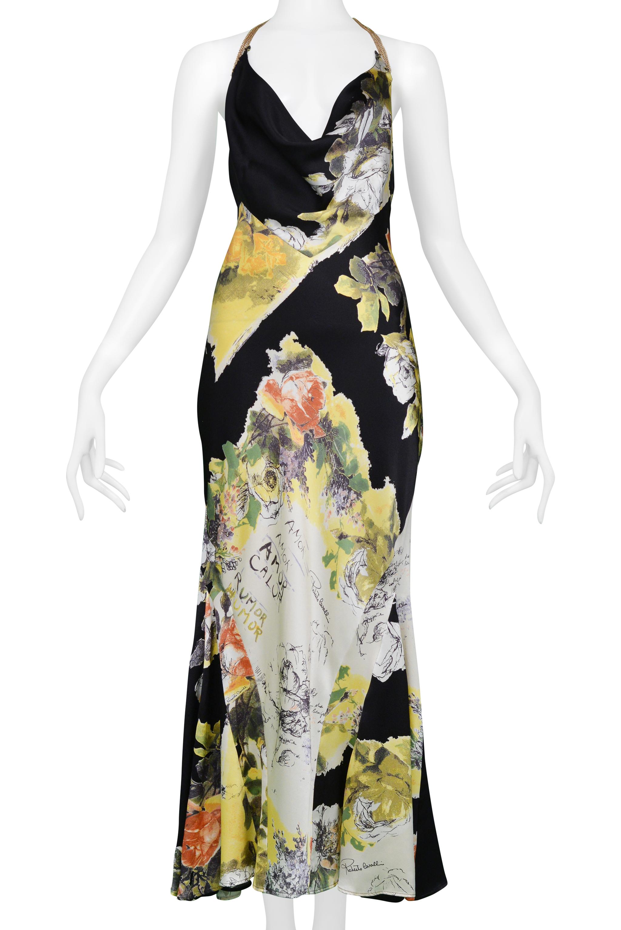 Beige Roberto Cavalli Black & Yellow Floral Print Silk Slip Dress With Chain Halter For Sale