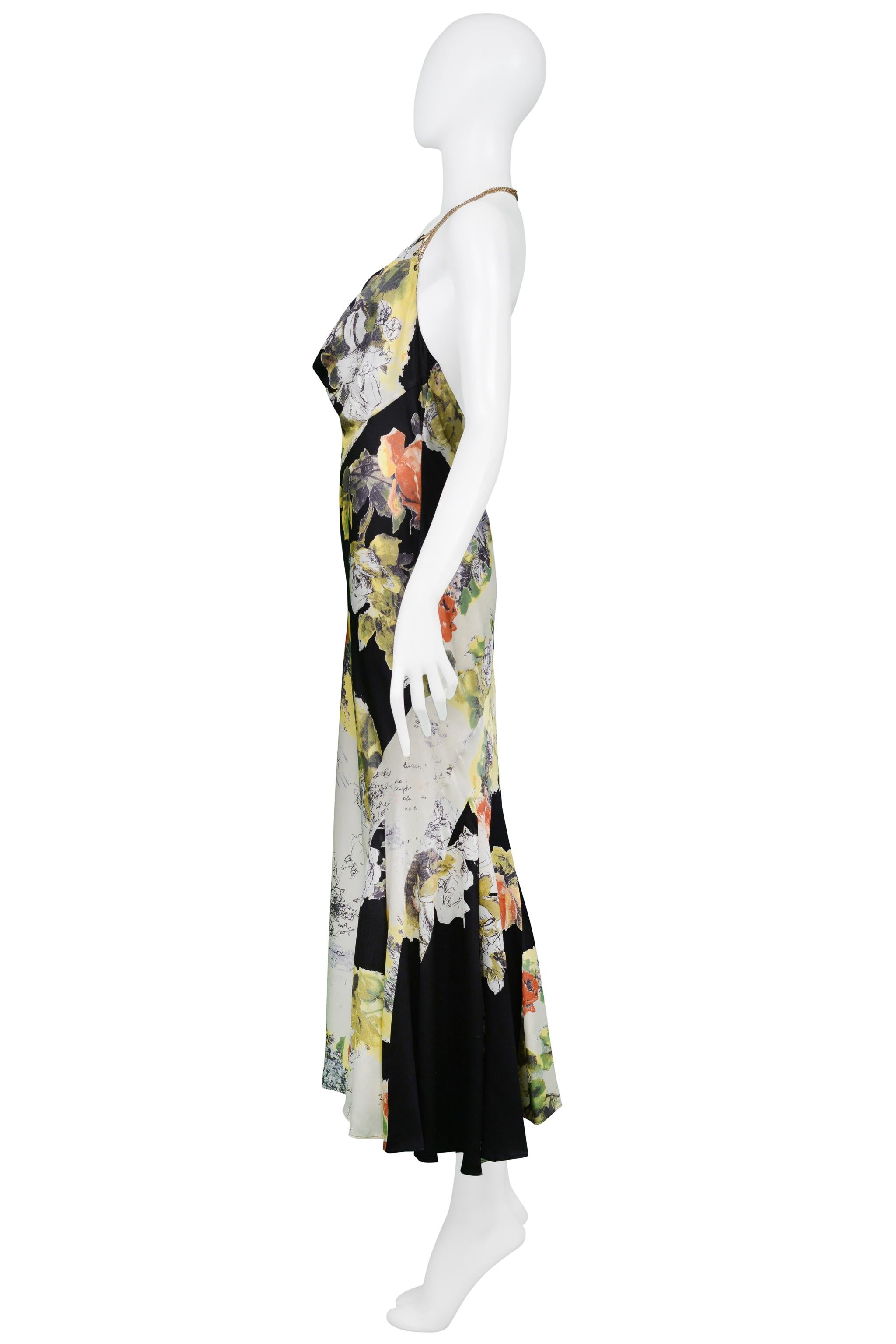 Roberto Cavalli Black & Yellow Floral Print Silk Slip Dress With Chain Halter In Excellent Condition For Sale In Los Angeles, CA