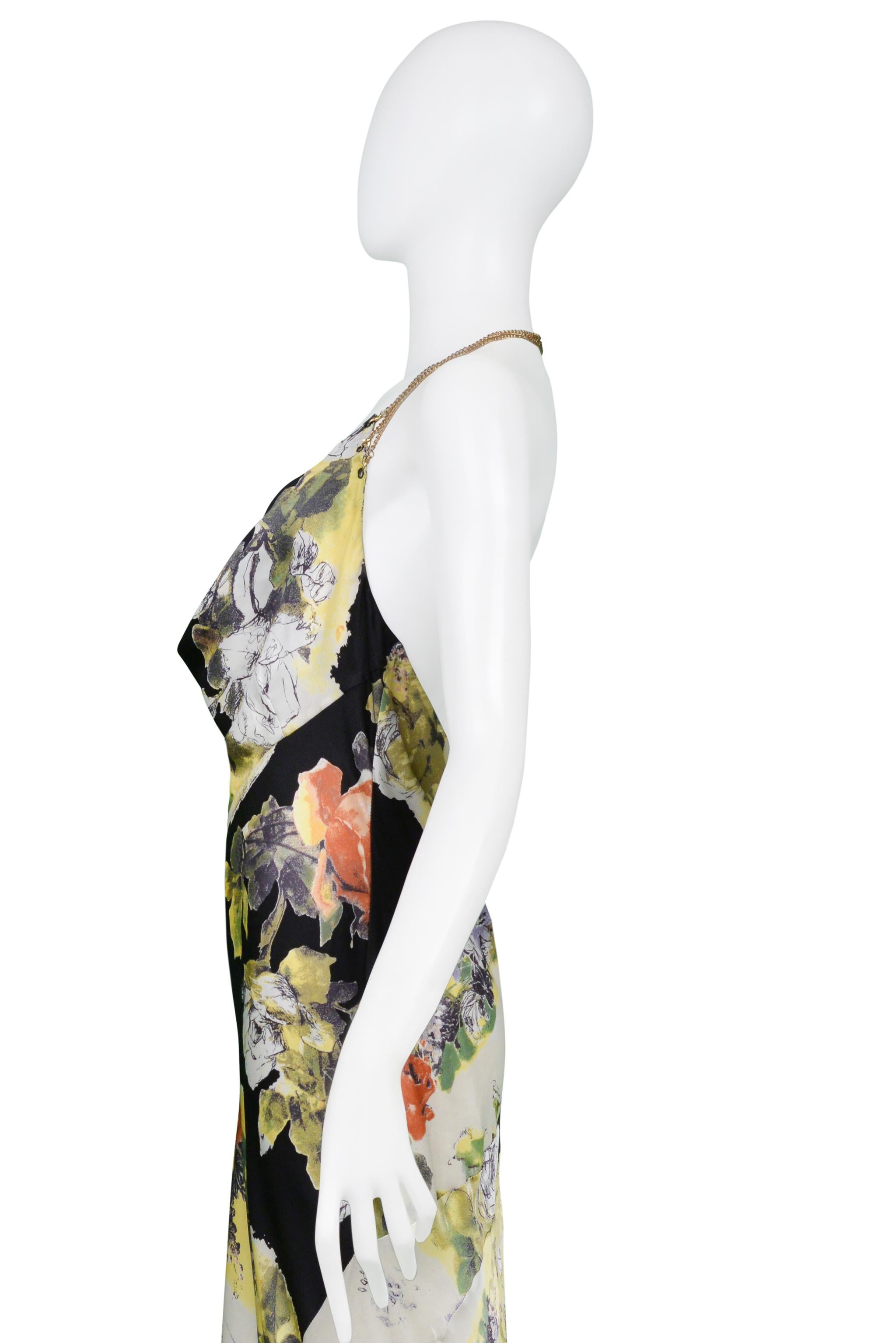 Women's Roberto Cavalli Black & Yellow Floral Print Silk Slip Dress With Chain Halter For Sale