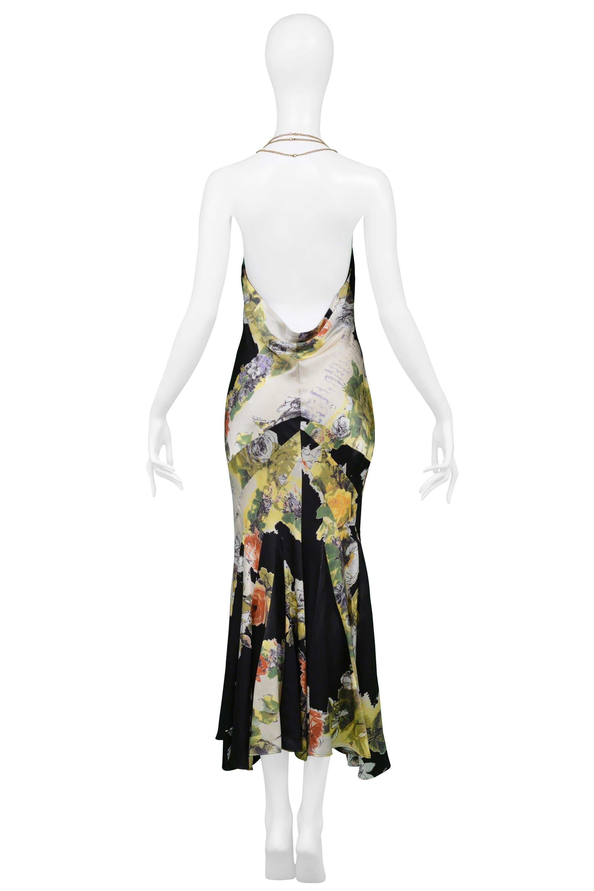 Roberto Cavalli Black & Yellow Floral Print Silk Slip Dress With Chain Halter For Sale 1
