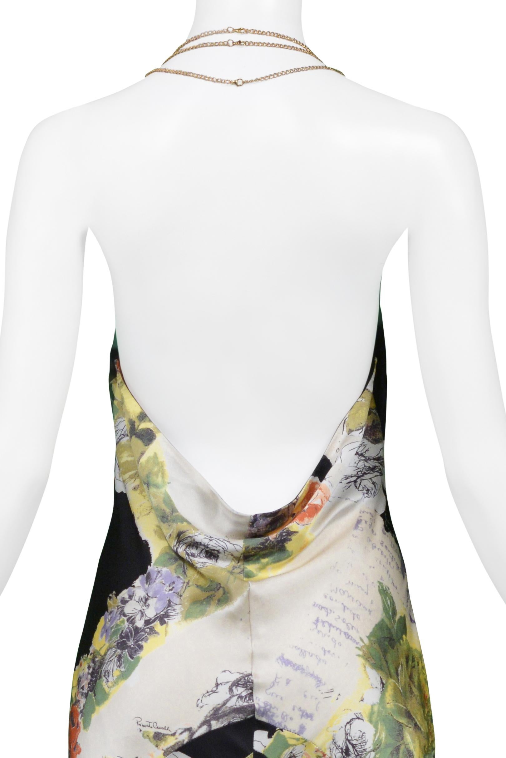 Roberto Cavalli Black & Yellow Floral Print Silk Slip Dress With Chain Halter For Sale 2