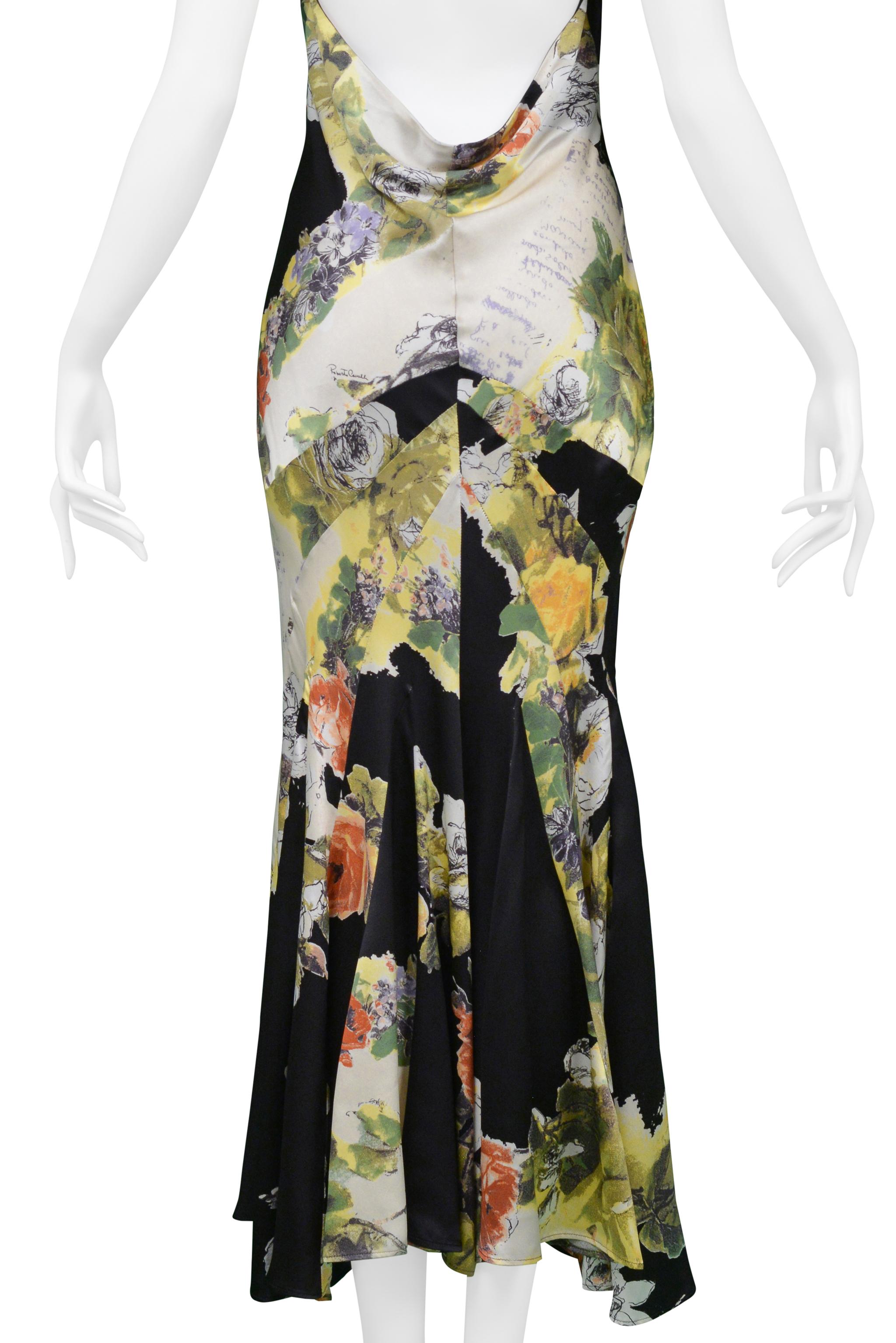Roberto Cavalli Black & Yellow Floral Print Silk Slip Dress With Chain Halter For Sale 3