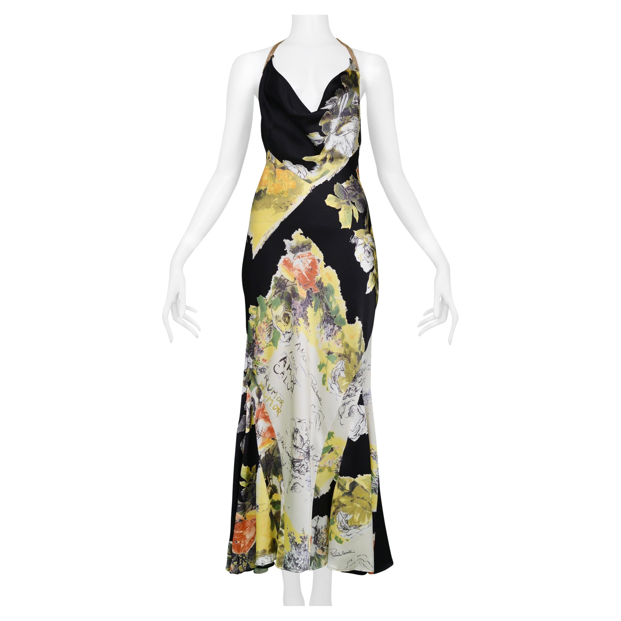 Roberto Cavalli Black & Yellow Floral Print Silk Slip Dress With Chain Halter For Sale