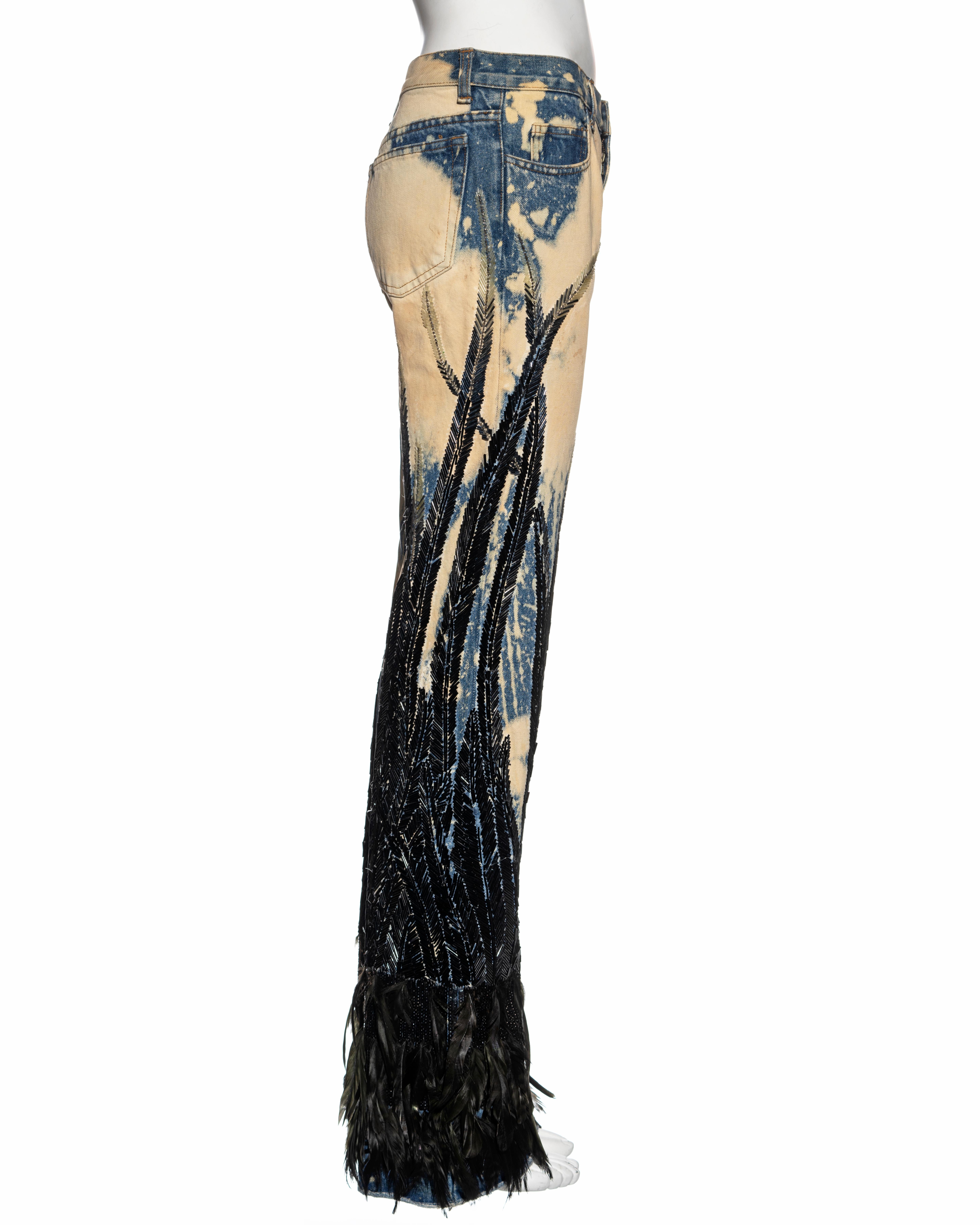 Roberto Cavalli bleached denim beaded jeans with feather embellishments, fw 2001 In Good Condition In London, GB
