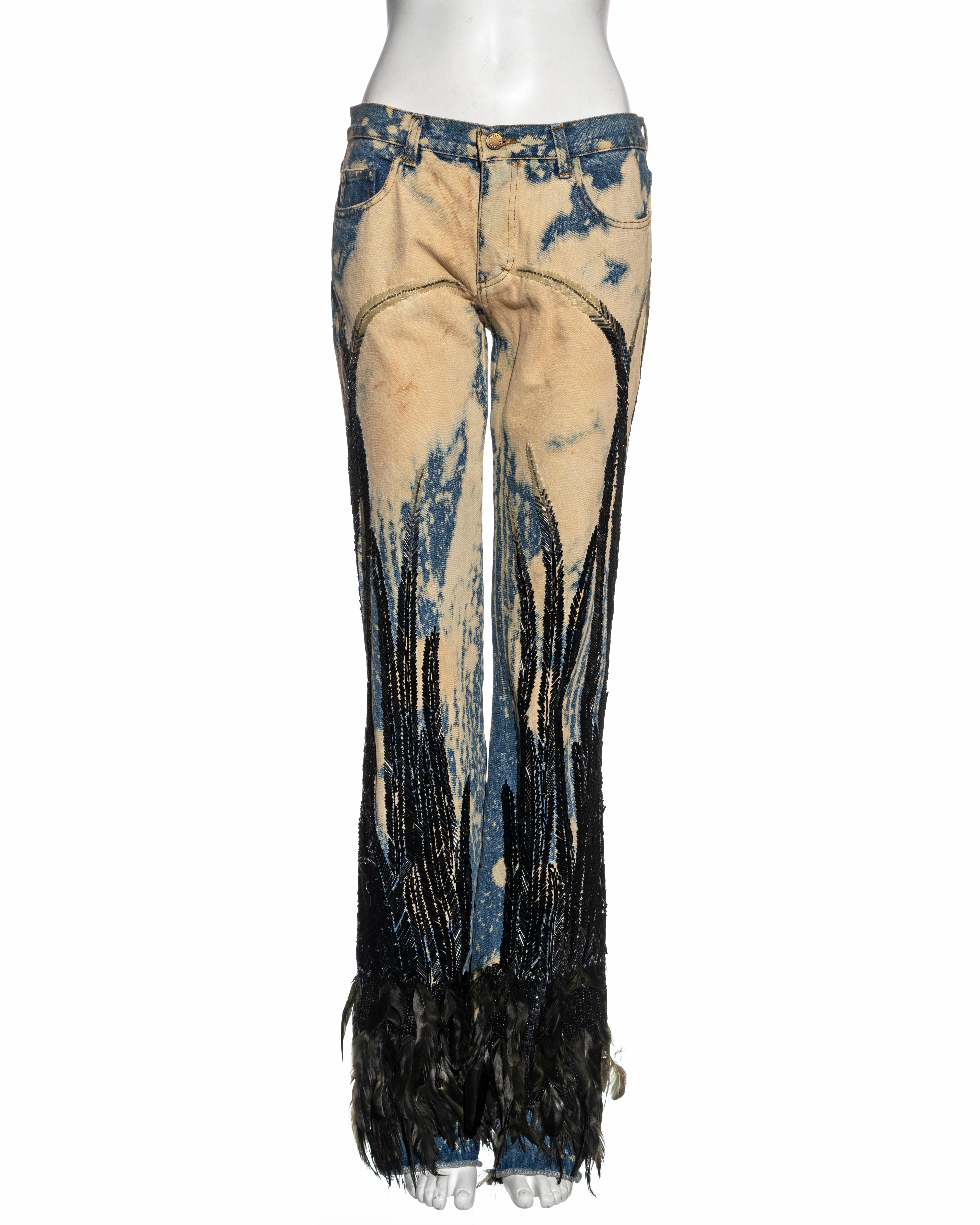 Women's Roberto Cavalli bleached denim beaded jeans with feather embellishments, fw 2001
