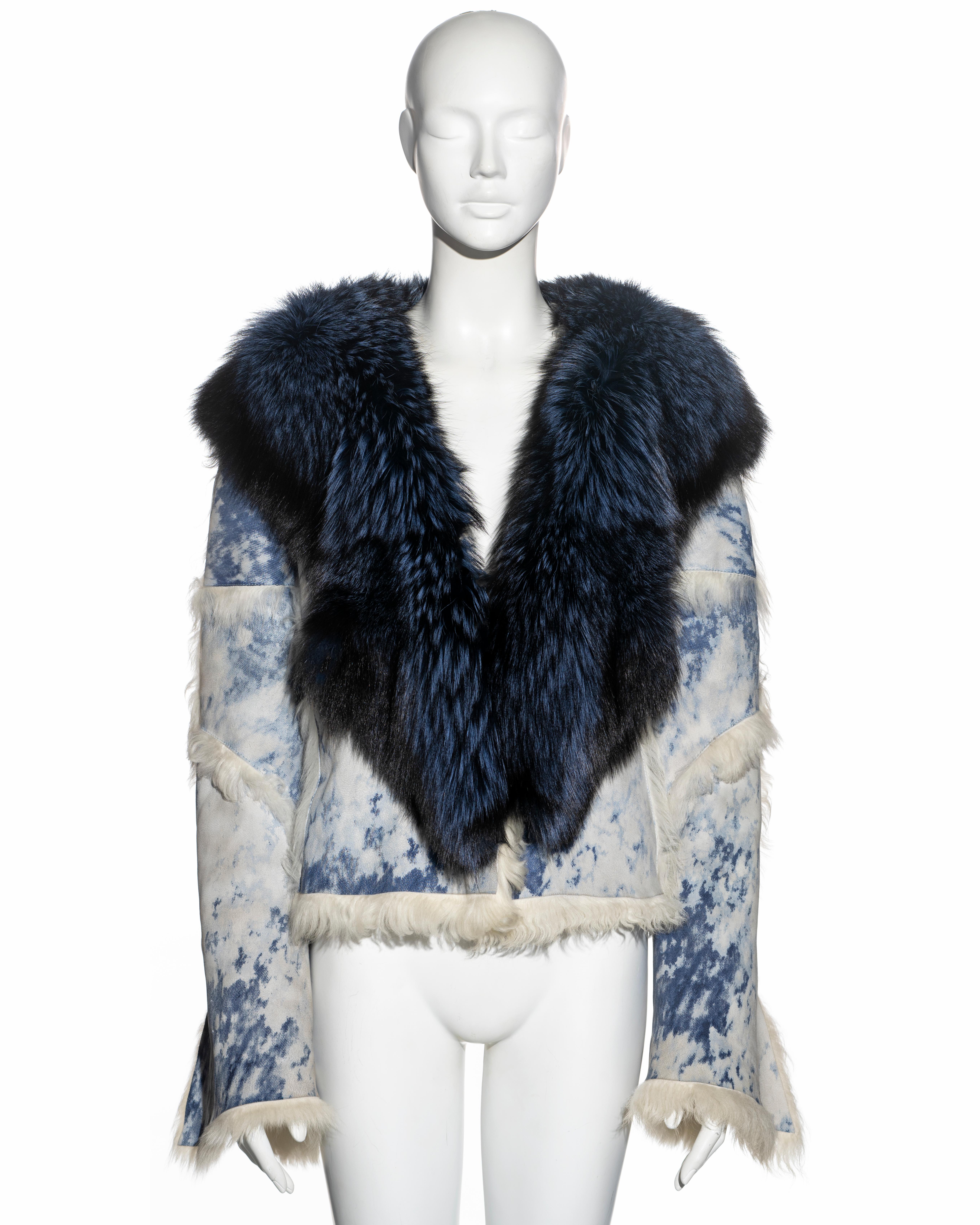 Roberto Cavalli bleached-denim printed leather and fox fur jacket, fw 2001 In Excellent Condition In London, GB