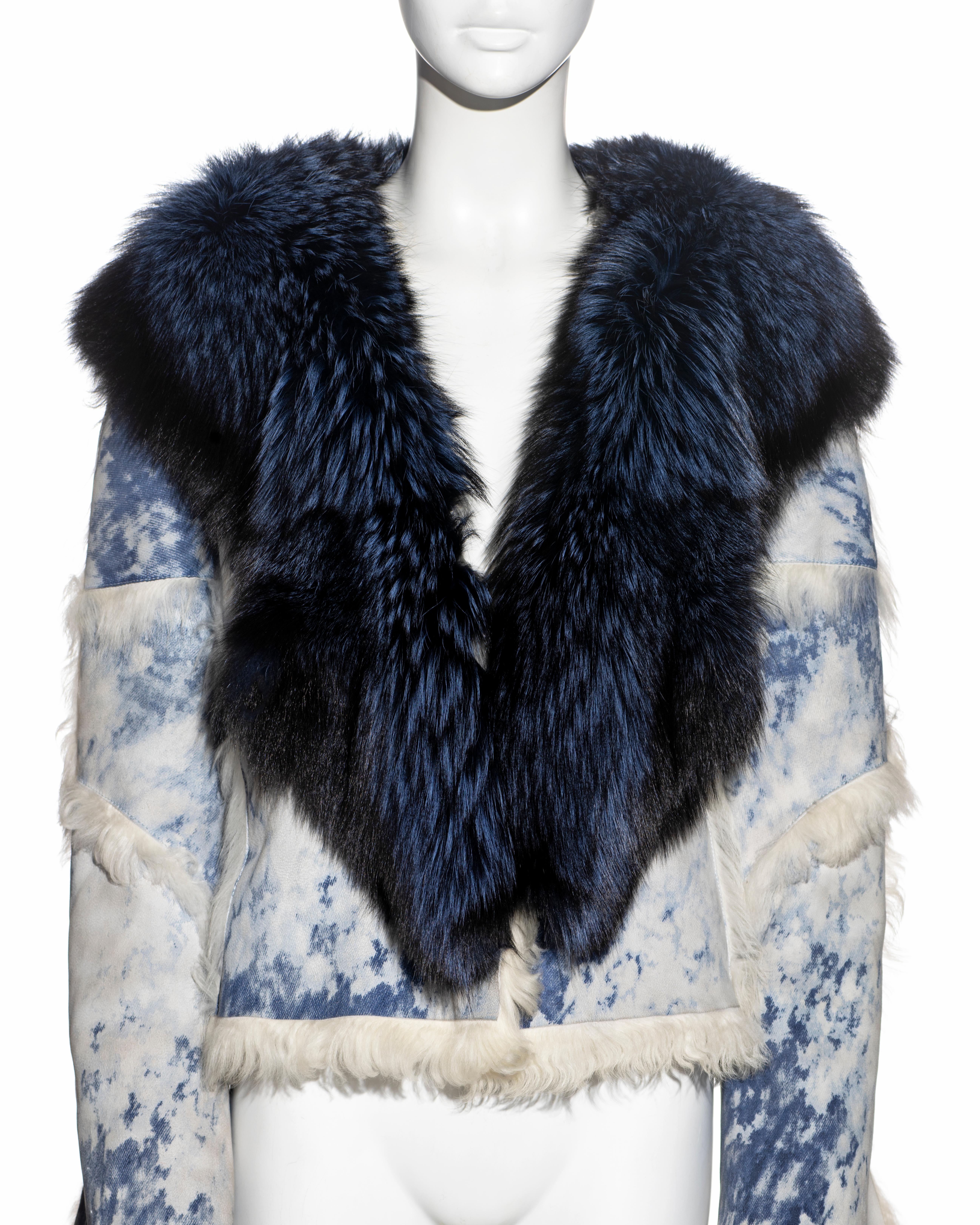Women's Roberto Cavalli bleached-denim printed leather and fox fur jacket, fw 2001