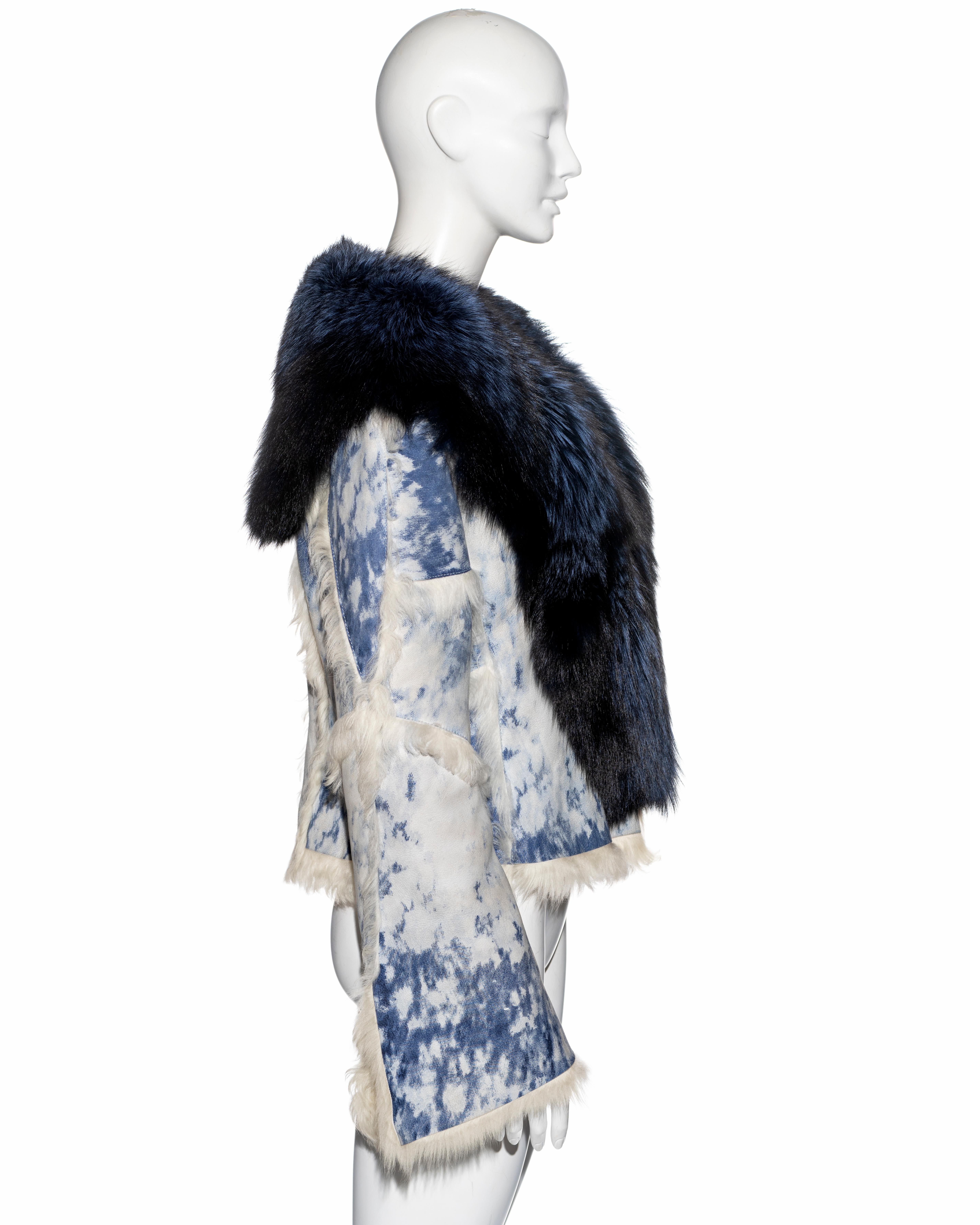 Roberto Cavalli bleached-denim printed leather and fox fur jacket, fw 2001 2