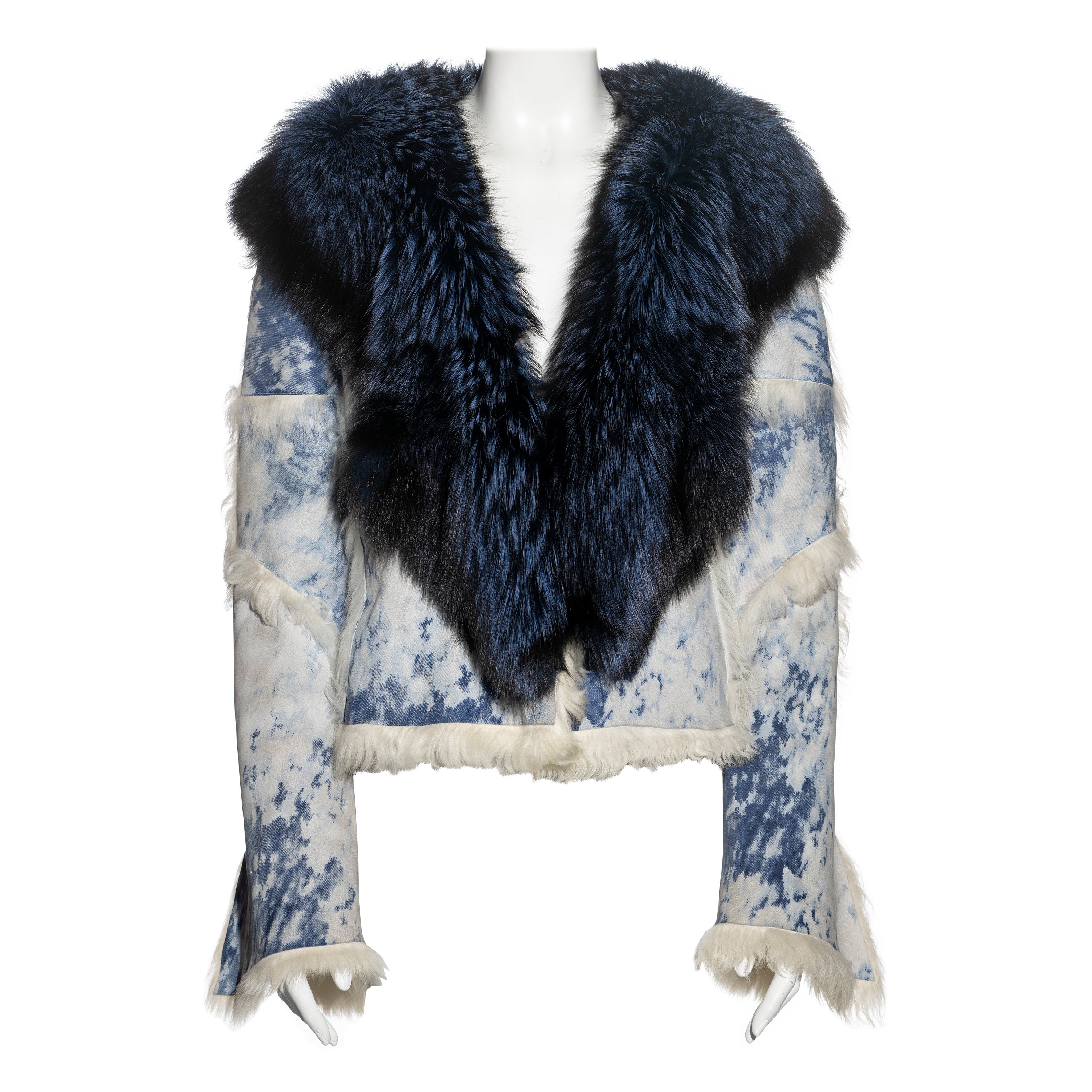 Roberto Cavalli bleached-denim printed leather and fox fur jacket, fw 2001
