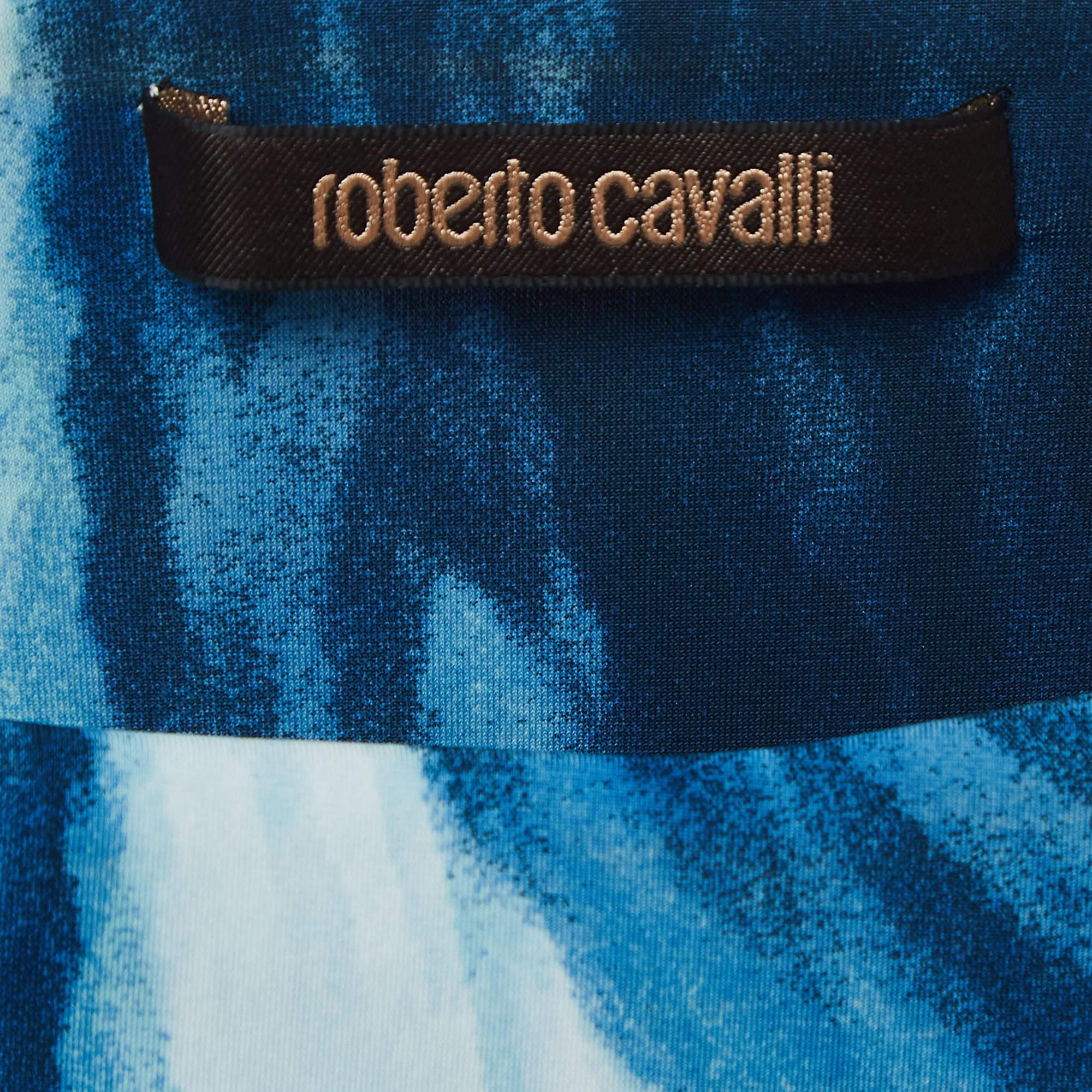 Roberto Cavalli, jupe longue en jersey imprimée à rayures abstraites bleues L en vente 2
