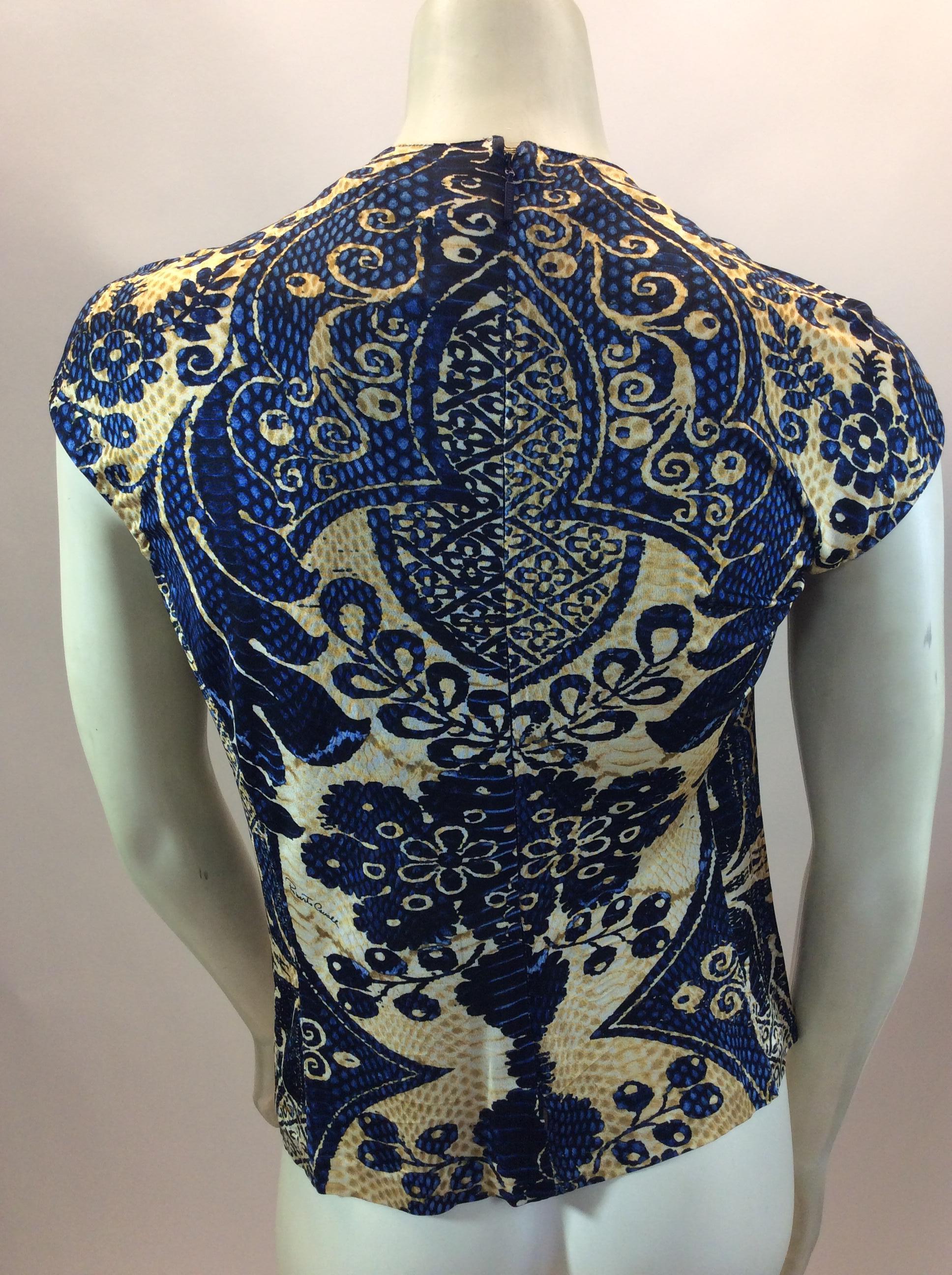 Black Roberto Cavalli Blue and Gold Print Blouse For Sale