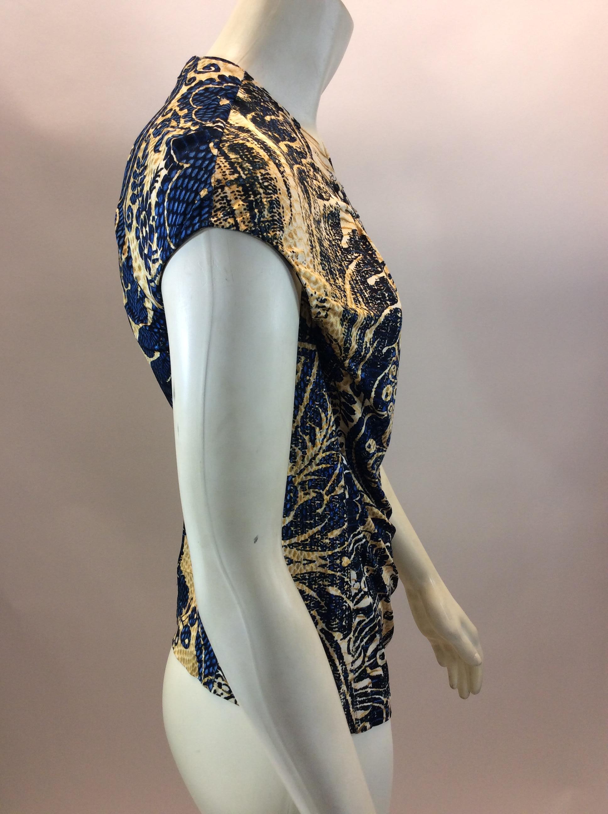 Roberto Cavalli Blue and Gold Print Blouse In Good Condition For Sale In Narberth, PA