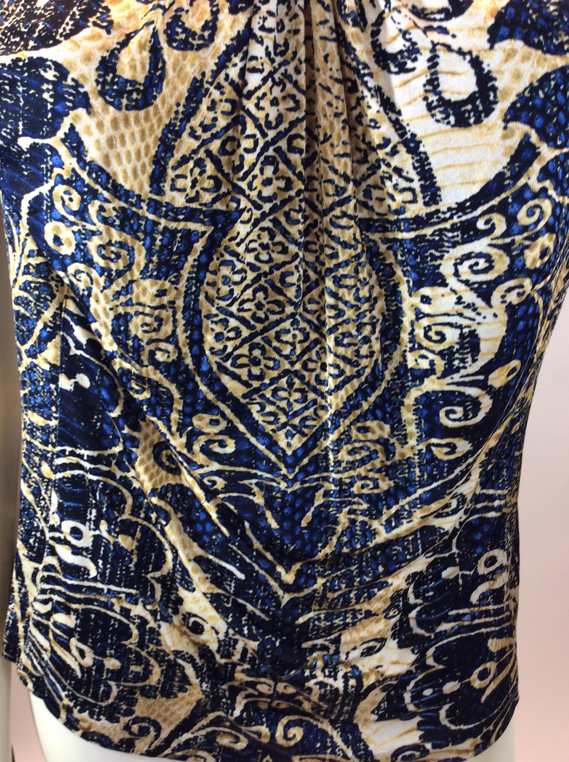 Women's Roberto Cavalli Blue and Gold Print Blouse For Sale