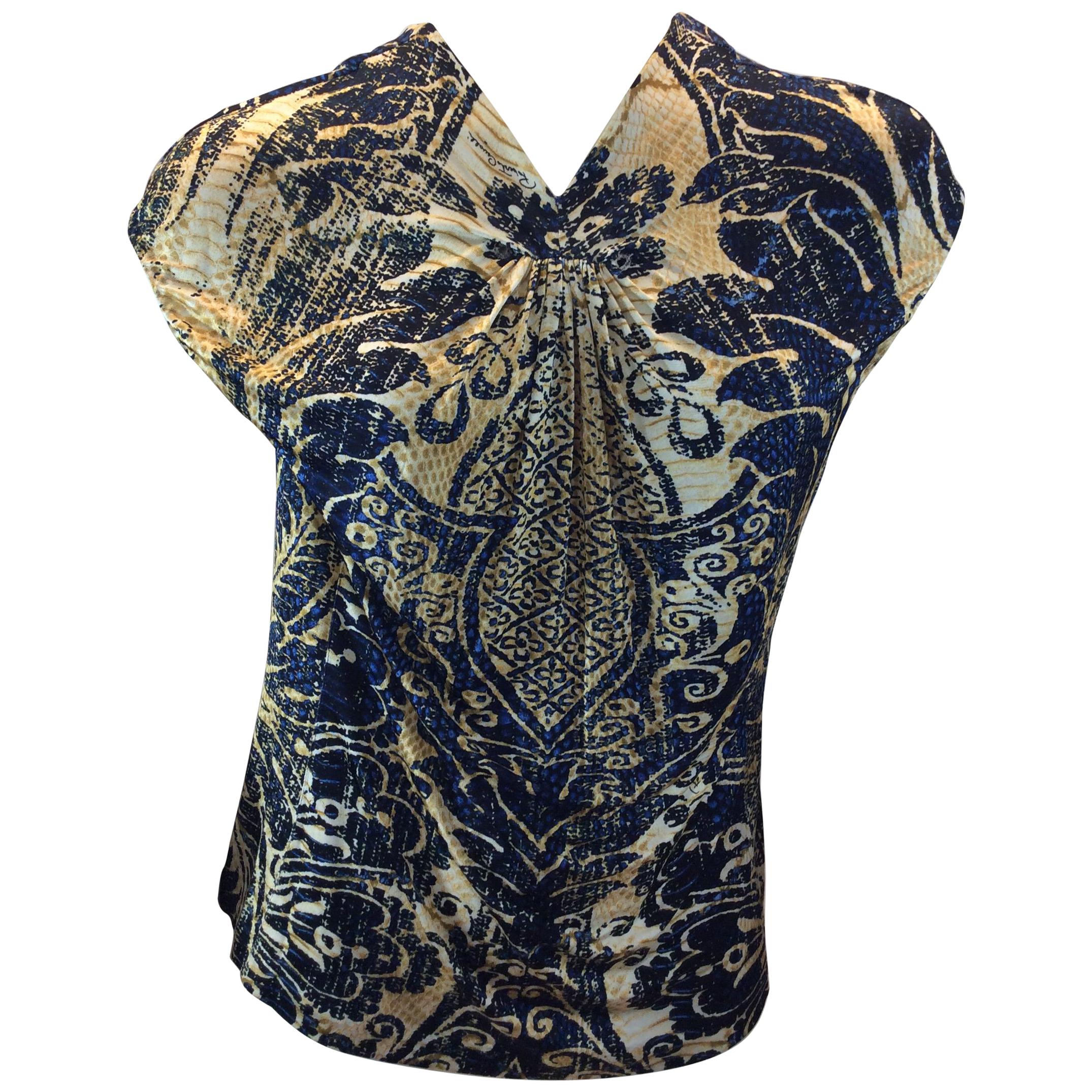 Roberto Cavalli Blue and Gold Print Blouse For Sale