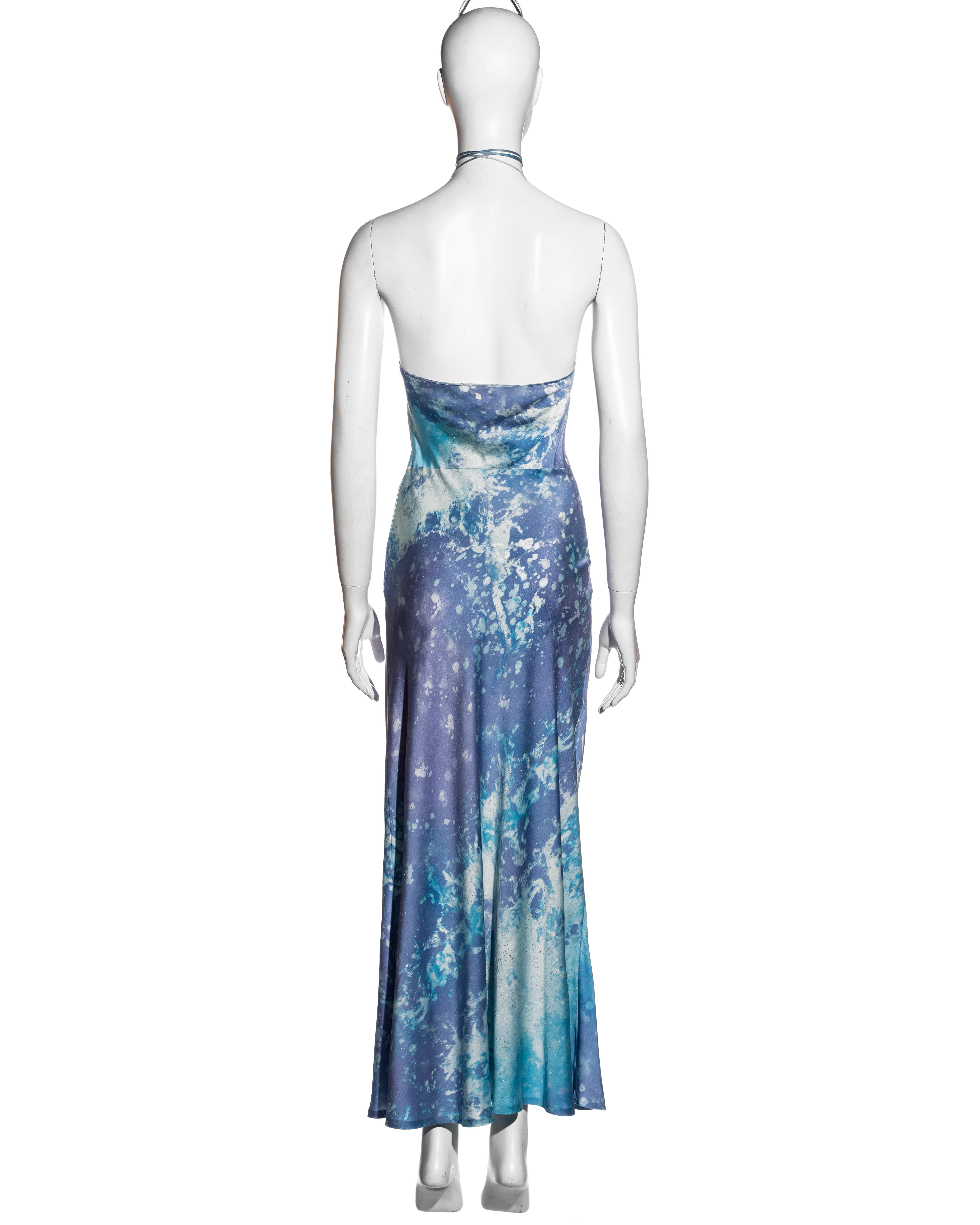 Roberto Cavalli blue and purple acid wash silk halter neck maxi dress, ss 1999 In Excellent Condition For Sale In London, GB