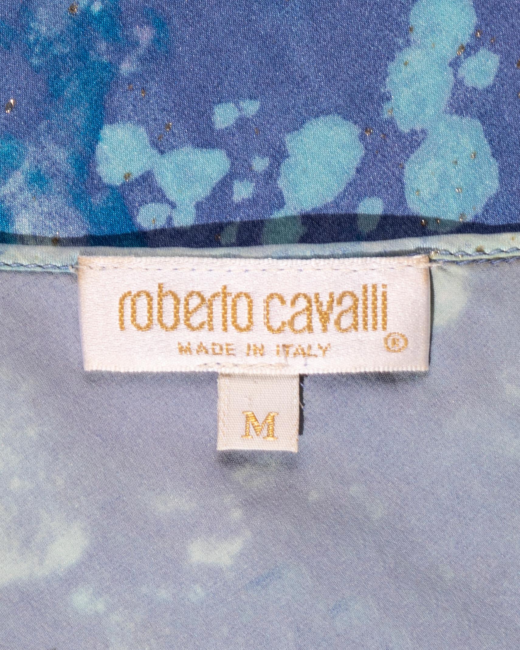 Robe longue à col licou en soie lavée à l'acide, bleu et violet, Roberto Cavalli, ss 1999 en vente 3