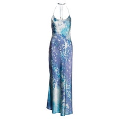 Roberto Cavalli: maxi abito in seta blu e viola con scollo ad aletta, ss 1999