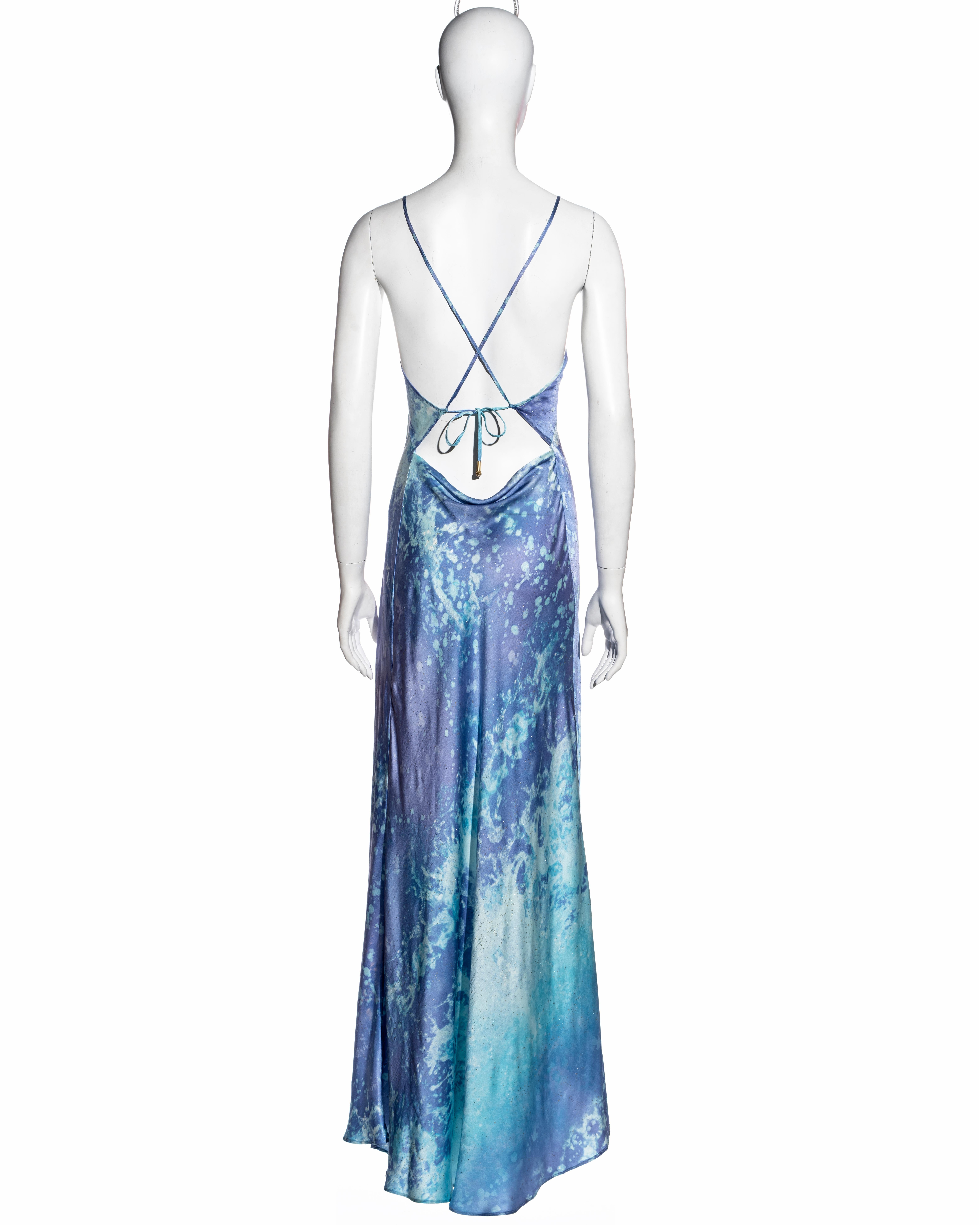 Women's Roberto Cavalli blue and purple acid wash silk open back maxi dress, ss 1999 For Sale