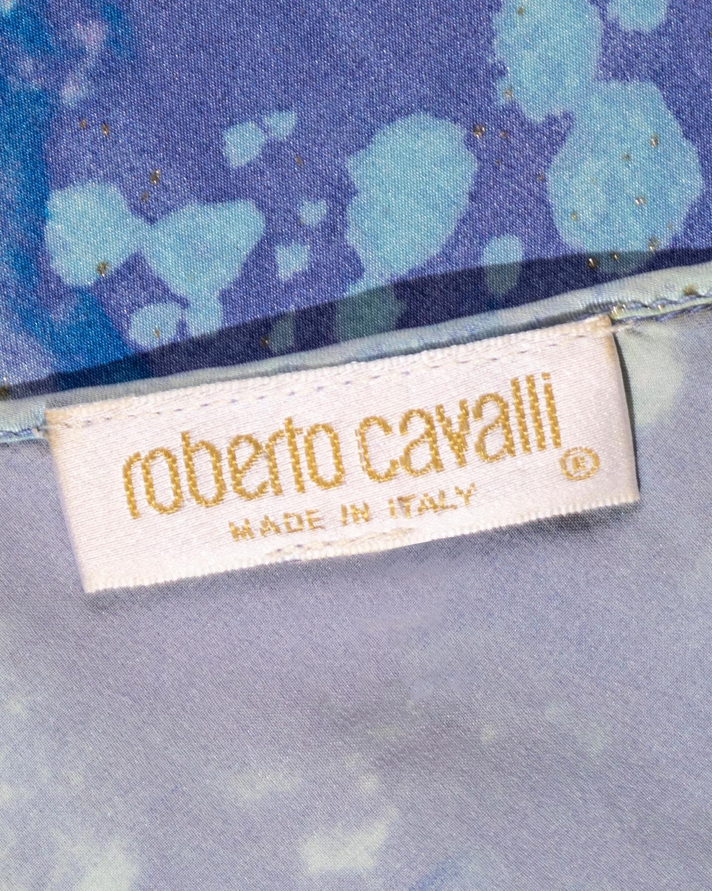 Roberto Cavalli blue and purple acid wash silk open back maxi dress, ss 1999 For Sale 2