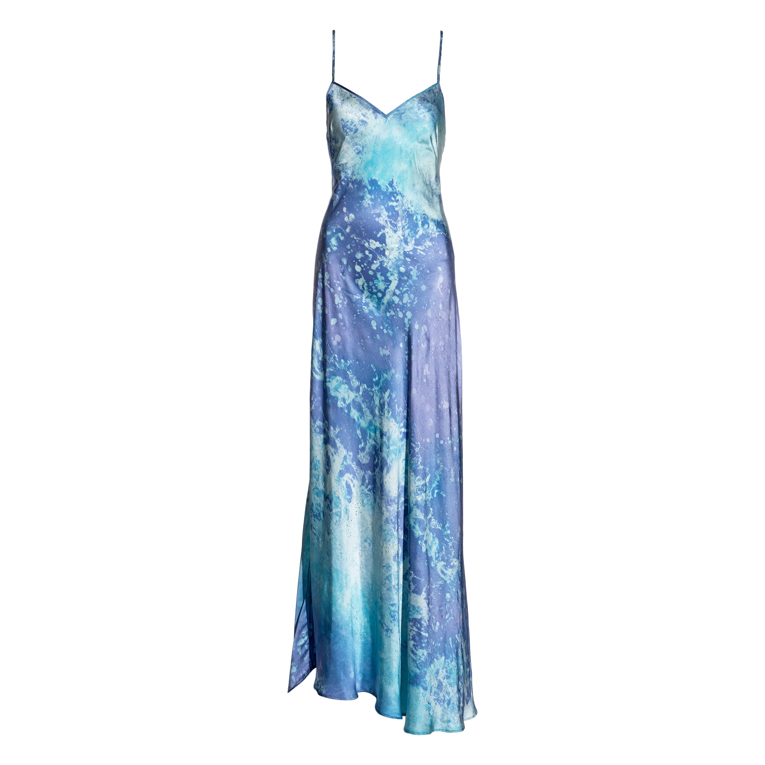 Roberto Cavalli Blaues und lila Maxikleid aus Seide mit offenem Rücken aus Säuregeflecht, 1999