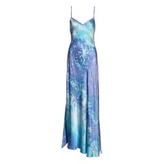 Roberto Cavalli maxi vestido de seda lavado al ácido azul y morado con espalda abierta, ss 1999