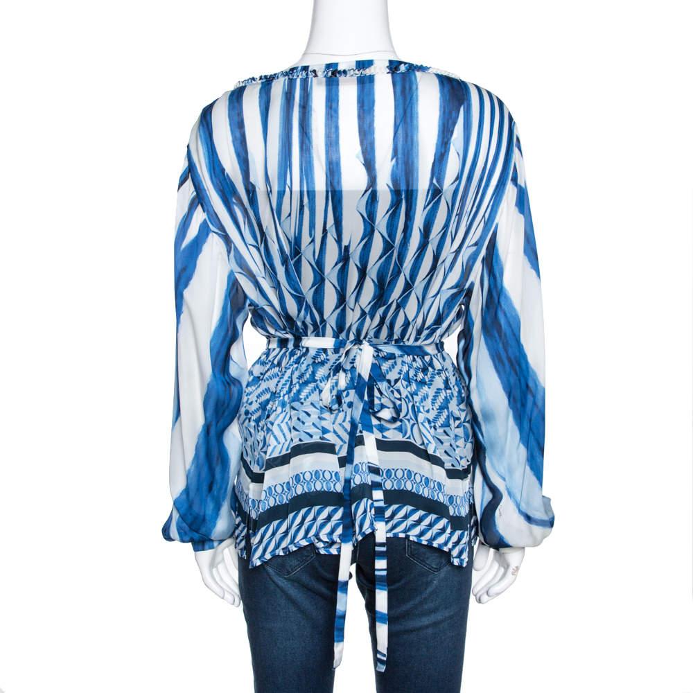 Roberto Cavalli Blue and White Deco Print Silk Tie Up Blouse M In Good Condition In Dubai, Al Qouz 2