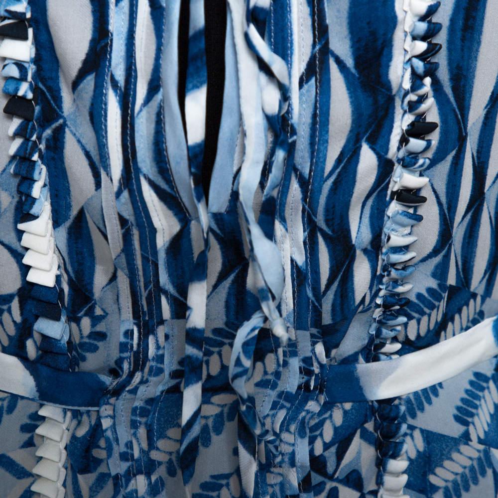 Women's Roberto Cavalli Blue and White Deco Print Silk Tie Up Blouse M