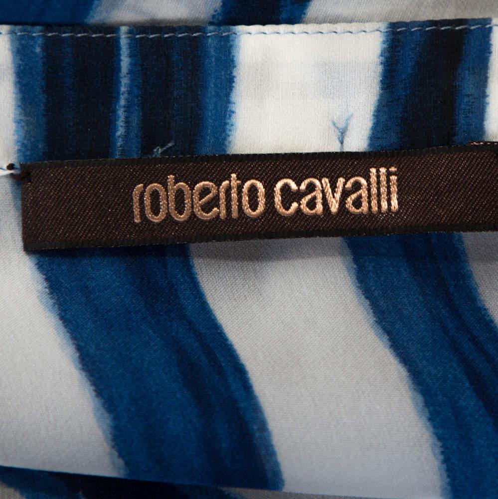 Roberto Cavalli Blue and White Deco Print Silk Tie Up Blouse M 1