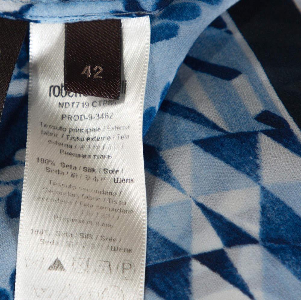 Roberto Cavalli Blue and White Deco Print Silk Tie Up Blouse M 2
