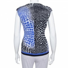 Roberto Cavalli Blue & Black Knit Animal Print Plunge Neck Top M