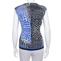 Roberto Cavalli Blue & Black Knit Animal Print Plunge Neck Top M