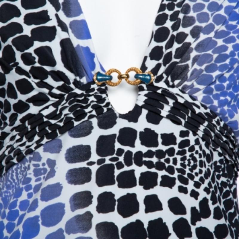Gray Roberto Cavalli Blue & Black Knit Animal Print Plunge Neck Top M For Sale
