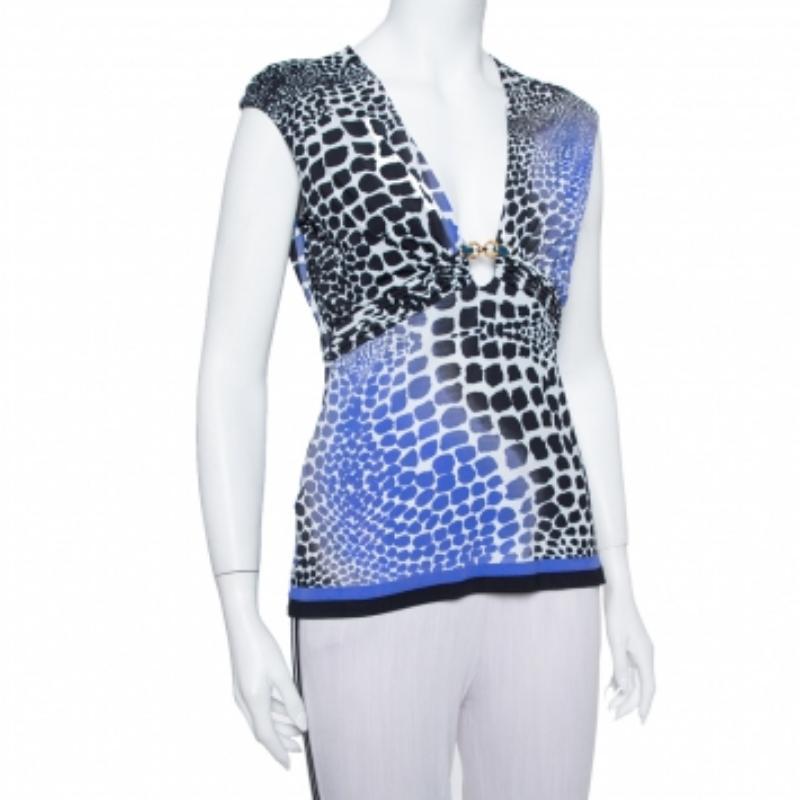 Roberto Cavalli Blue & Black Knit Animal Print Plunge Neck Top M In Good Condition For Sale In Dubai, Al Qouz 2