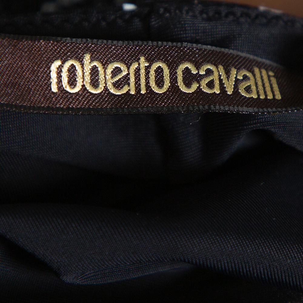 Roberto Cavalli Blue & Black Knit Animal Print Plunge Neck Top M In Good Condition For Sale In Dubai, Al Qouz 2