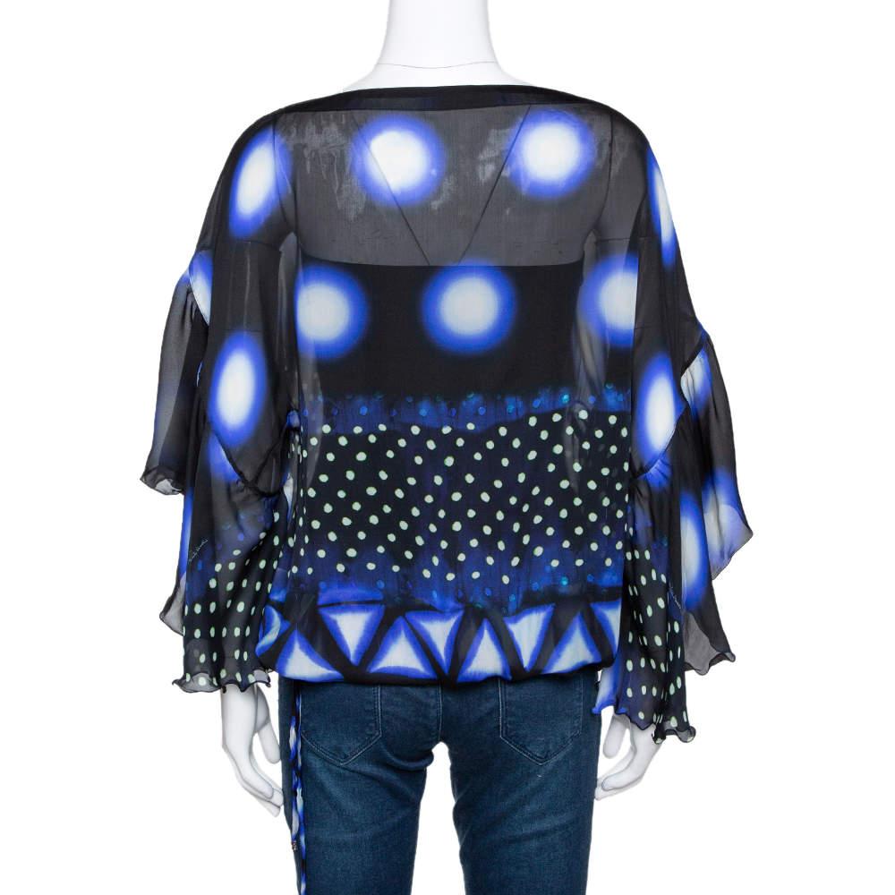 Purple Roberto Cavalli Blue & Black Printed Silk Sheer Blouse S