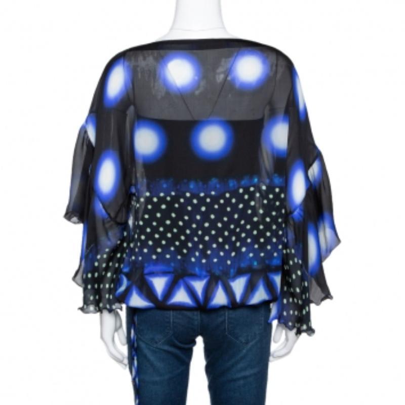Violet Roberto Cavalli - Chemisier en soie imprimée bleue et noire S en vente