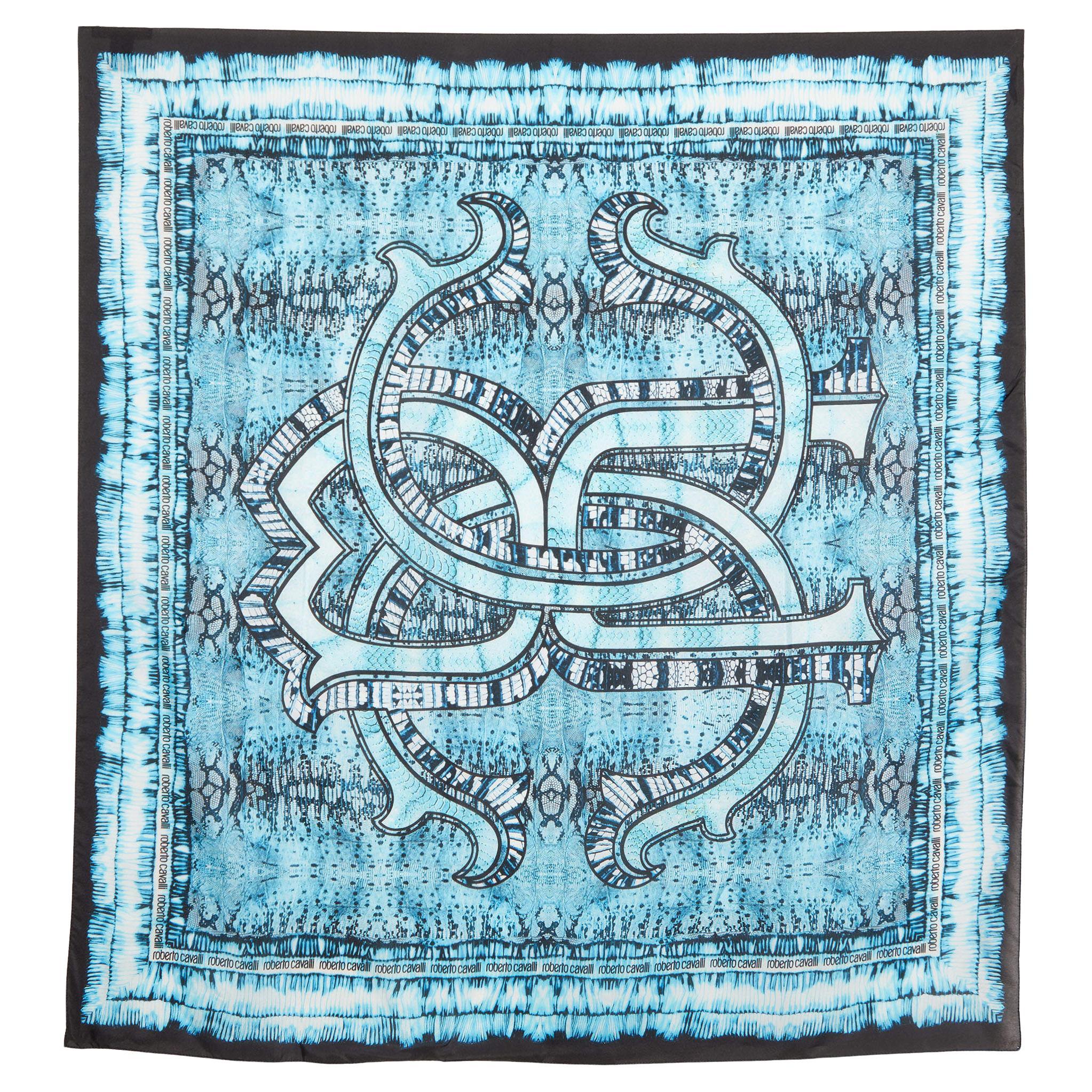 Roberto Cavalli Blue & Black Printed Silk Square Scarf For Sale