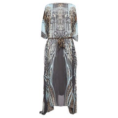 Roberto Cavalli Blue/Brown Printed Silk Waist Tie-Up Maxi Kaftan Dress S