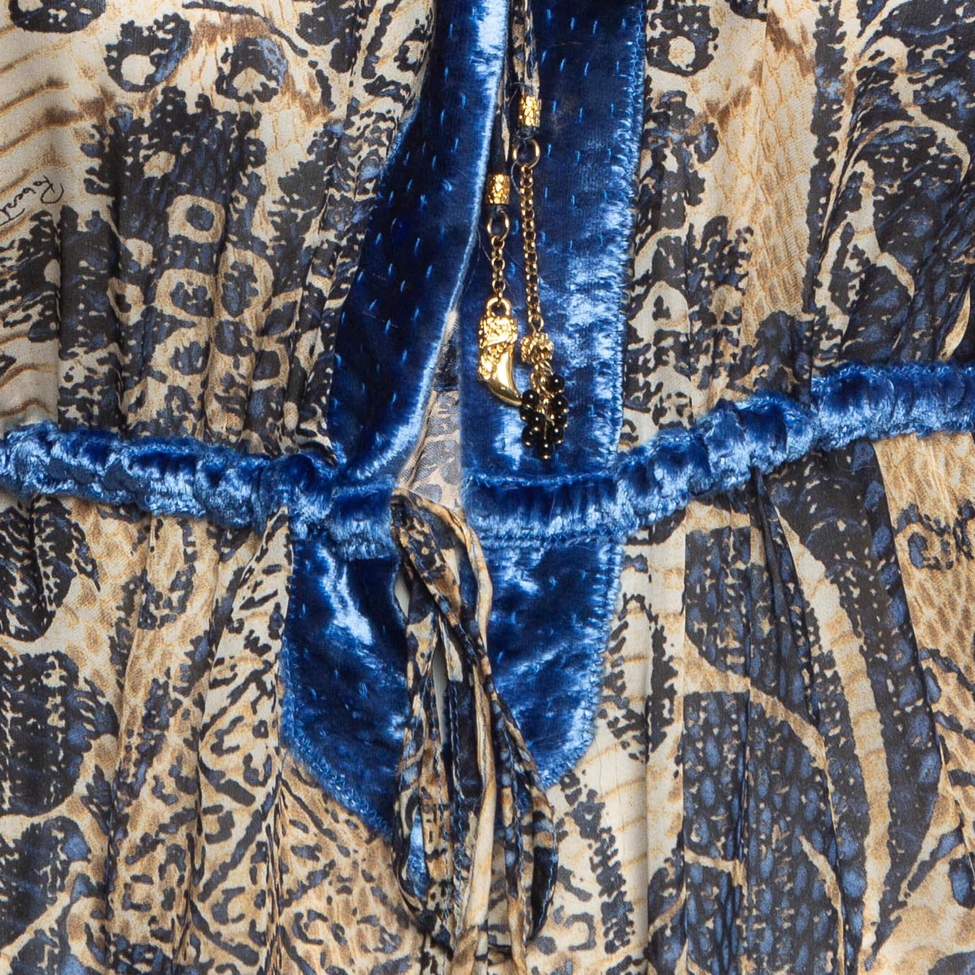 Gray Roberto Cavalli Blue/Brown Printed Velvet Trim Silk Blouse M For Sale
