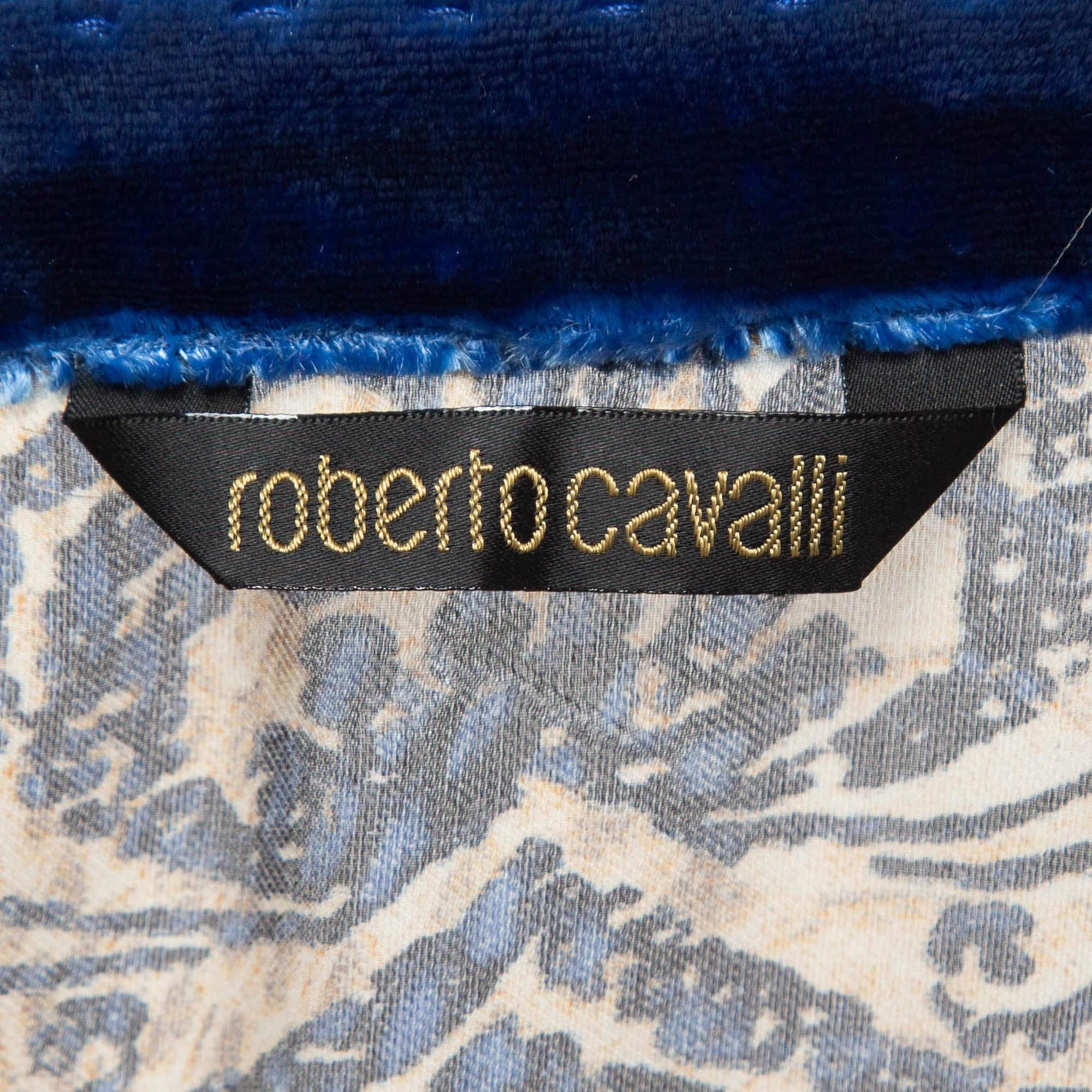 Roberto Cavalli Blue/Brown Printed Velvet Trim Silk Blouse M In Good Condition For Sale In Dubai, Al Qouz 2