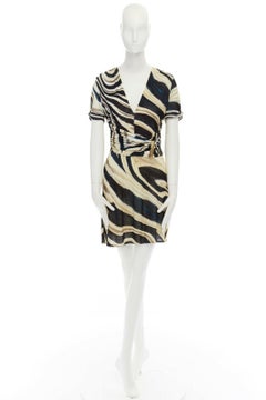 ROBERTO CAVALLI blue brown swirl stripe printed viscose gold bar wrap dress IT38
