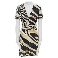 ROBERTO CAVALLI blue brown swirl stripe printed viscose gold bar wrap dress IT38