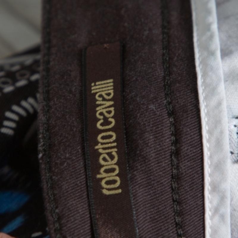 Gray Roberto Cavalli Blue Cotton Printed Flared Bottom Jeans S For Sale