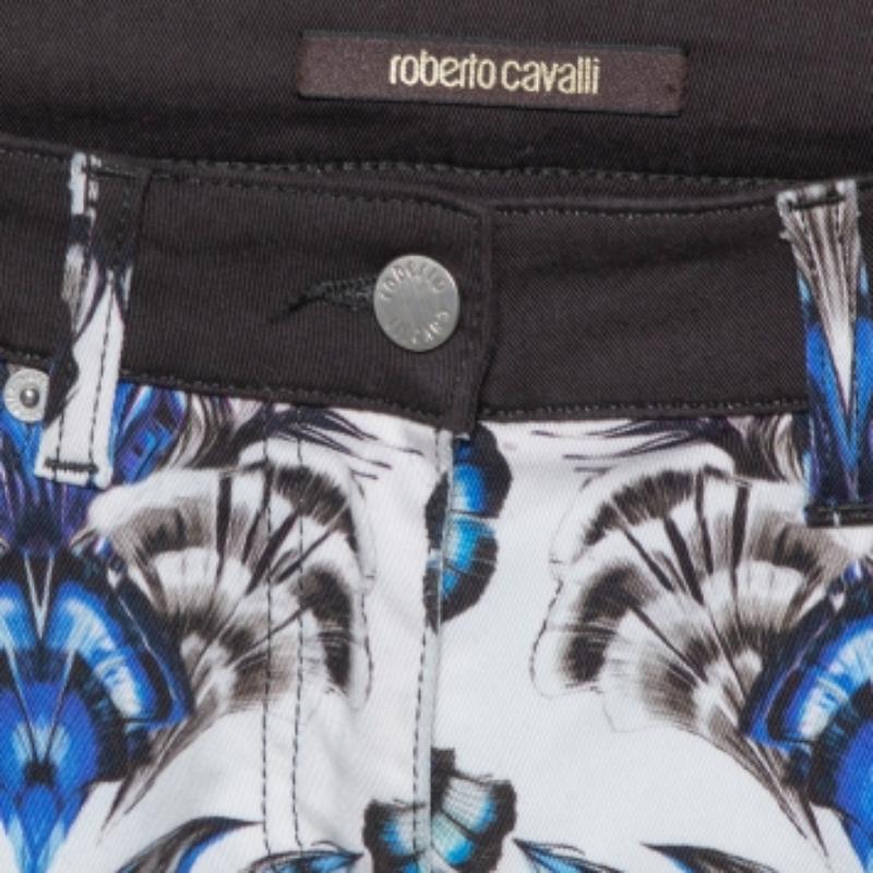 Women's Roberto Cavalli Blue Cotton Printed Flared Bottom Jeans S For Sale