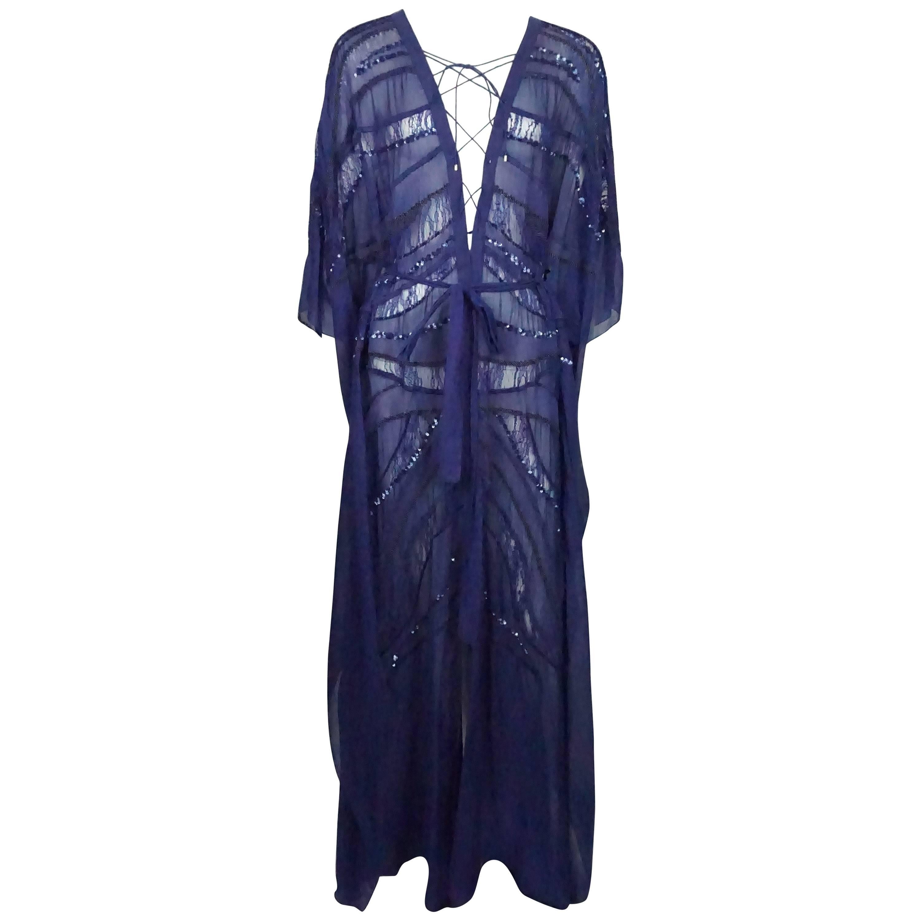 Roberto Cavalli Blue Cotton/ Silk Beaded Caftan - 38