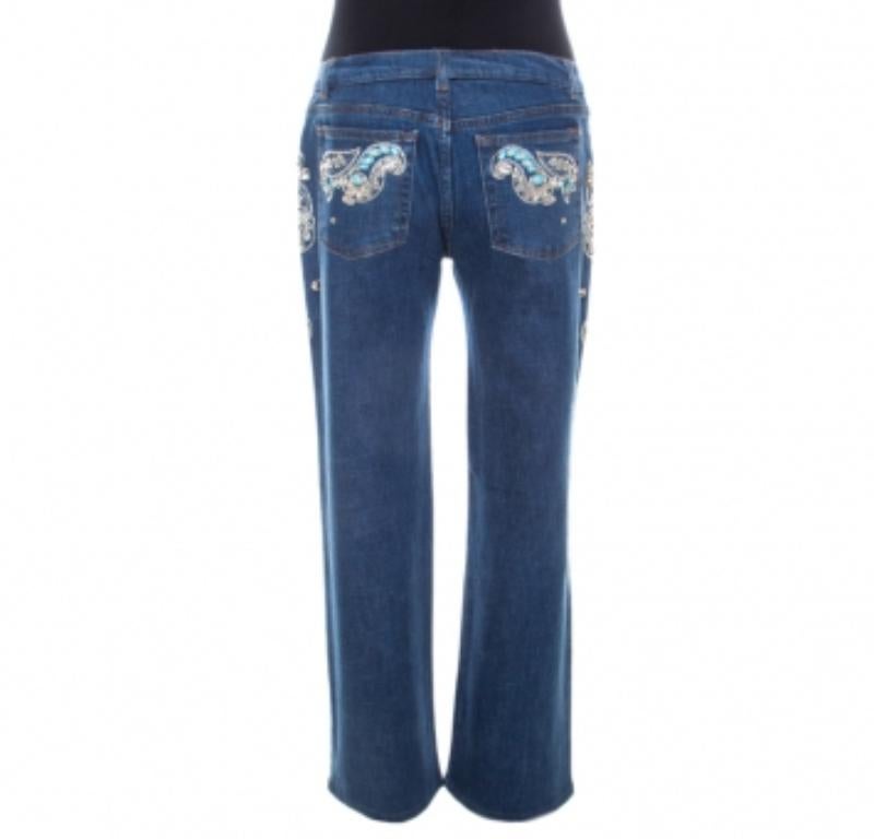 Bleu Jean large Roberto Cavalli bleu orné de cristaux L en vente
